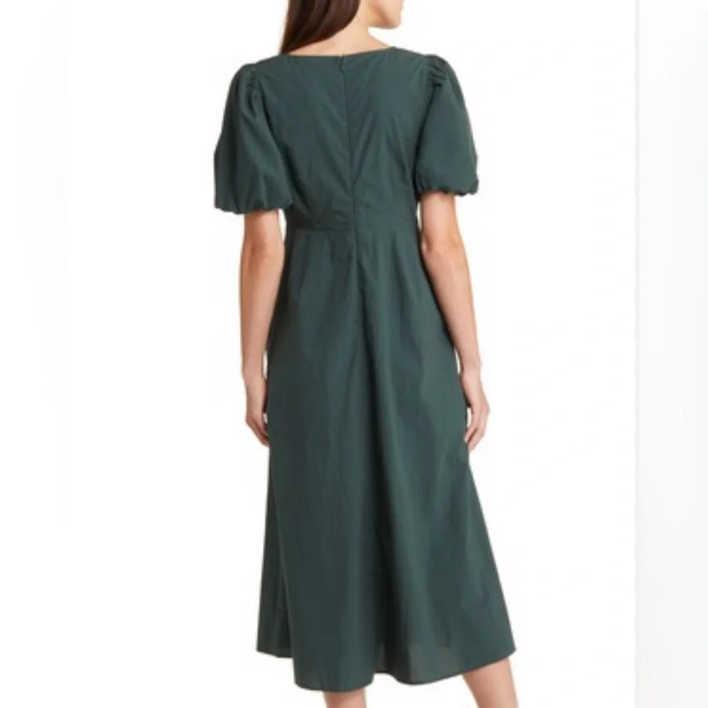 Madewell Cutout Puff Sleeve Poplin Midi Dress - Dark Palm Size 0 - Picture 4 of 5
